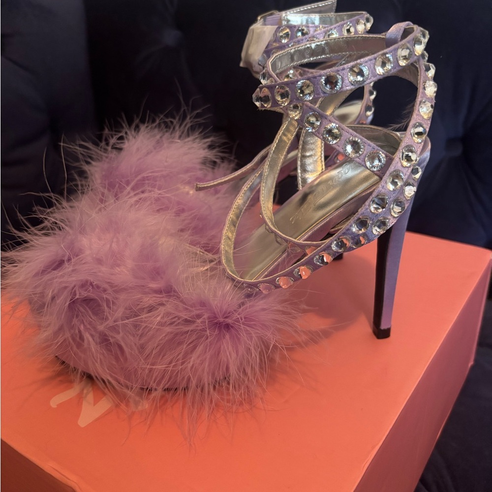 Sugar Thrillz Lavender Feather Crystal-Strap High Heel Sandals